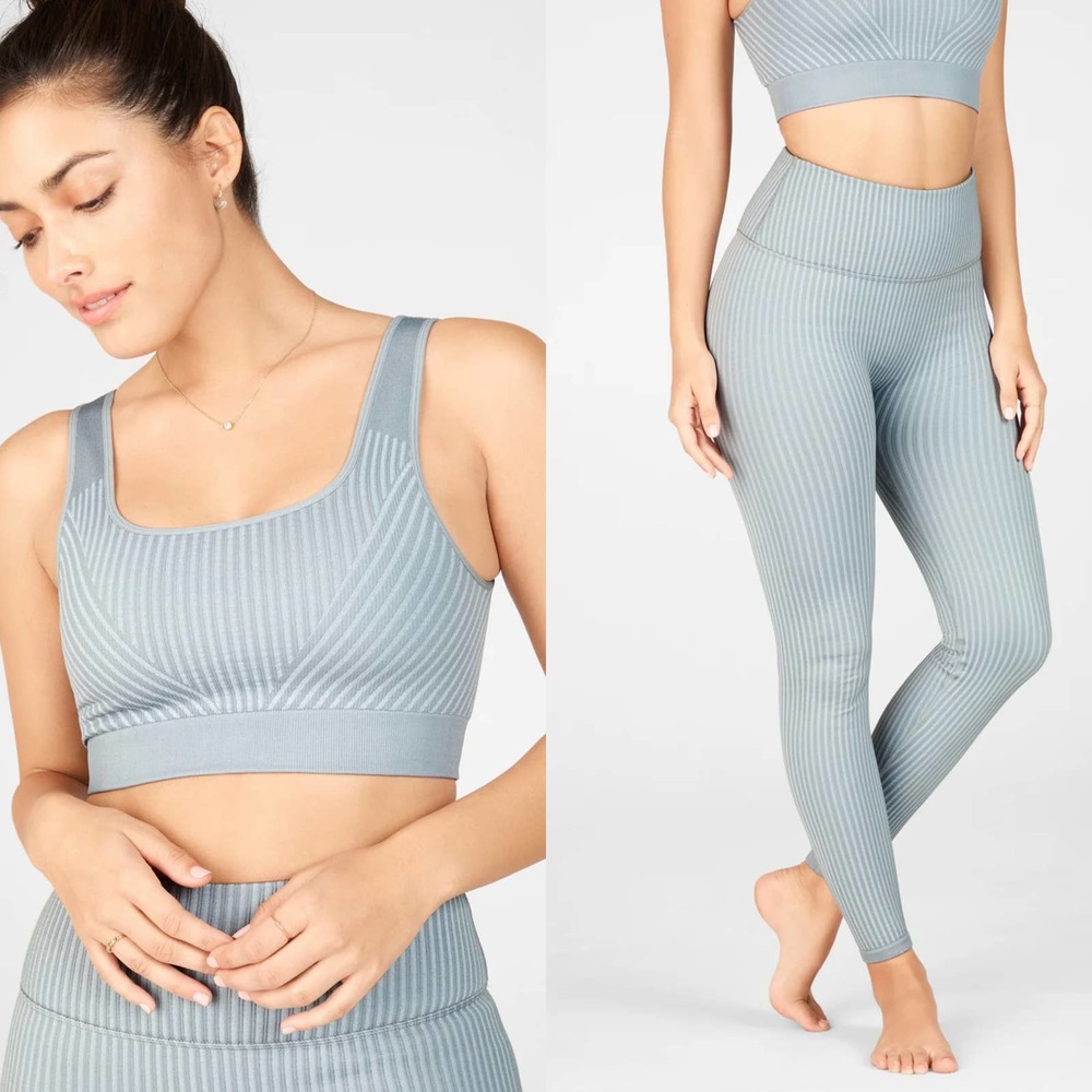NWT Fabletics Seamless Ribbed Grey Pant & Sports Bra Set Size L